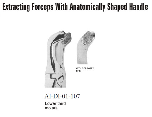 Extracting forceps lower third molars with serrated tips anatomically shaped handle